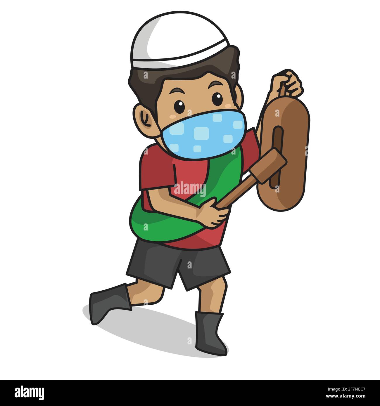 Muslim children boys hitting drum from wood traditional muslim drum from asia ,awaken suhoorramadan month , using mask and healthy protocol.Vector cha Stock Vector