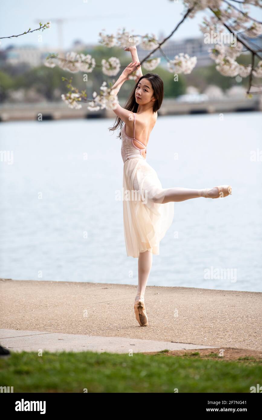 A young Asian American ballerina dressed in her dance costume poses for