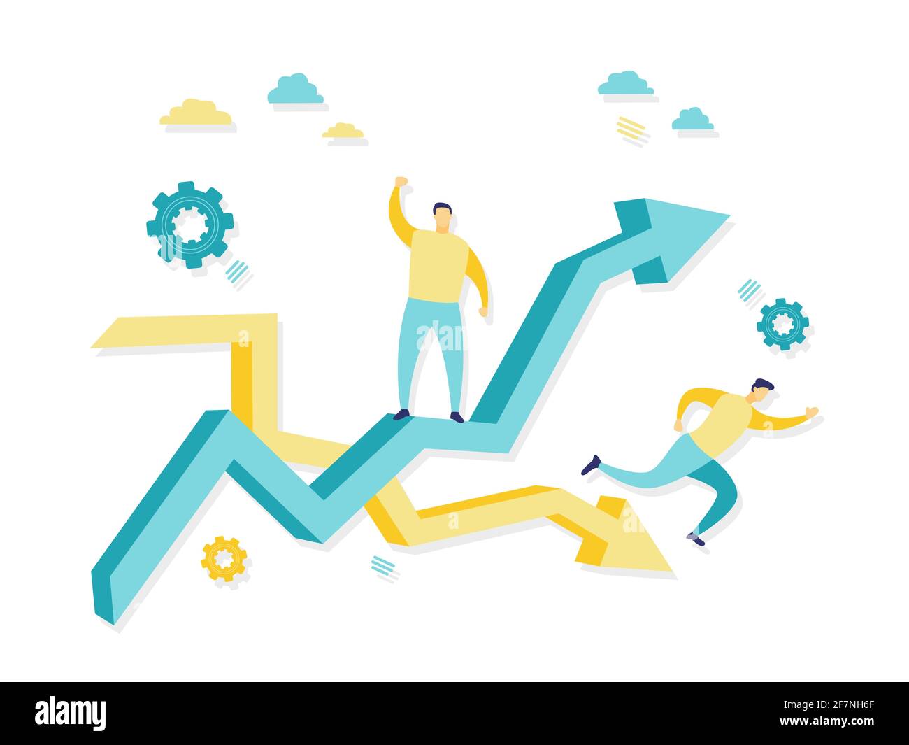 Flat illustration of a businessman with charts of growth and decline ...
