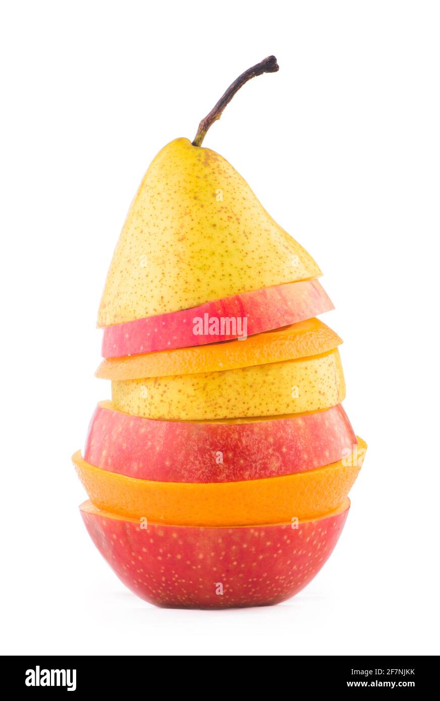 flying slices of fruit: apple, pear, orange on white background Stock Photo