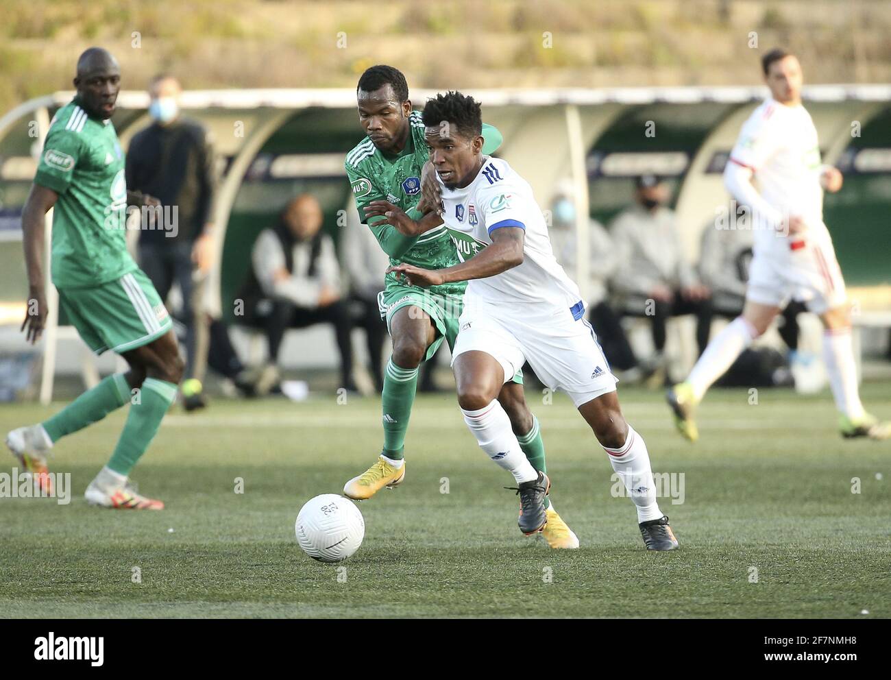 Thiago Mendes of Lyon, Pape Meissa Ba of Red Star during the French Cup round of 16 football match between Red Star FC and Olympique Lyonnais (OL) on April 8, 2021 at Stade Bauer in Saint-Ouen, France - Photo Jean Catuffe / DPPI / LiveMedia Stock Photo
