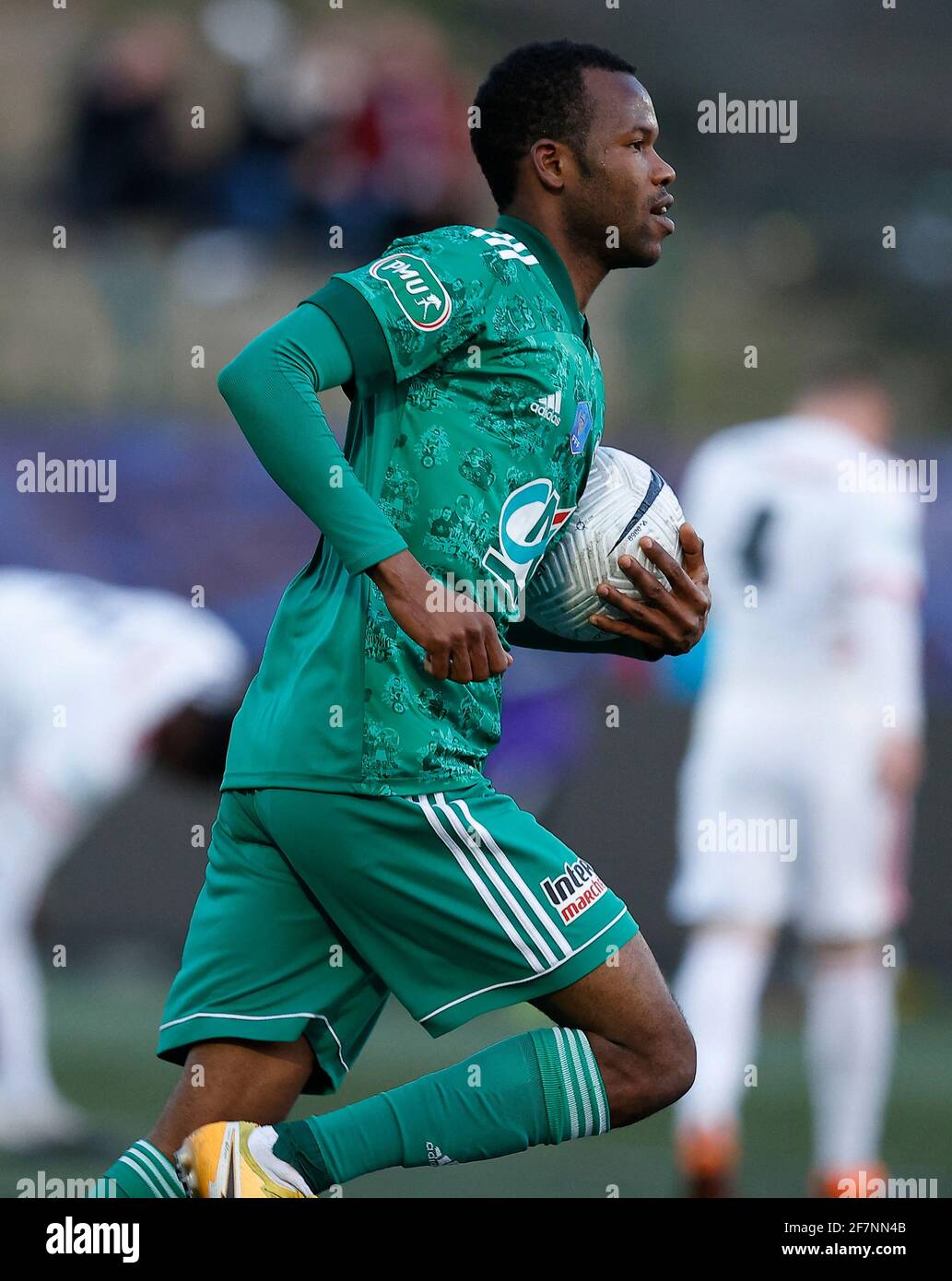 BA Pape Meissa from REDSTAR celebrate his goal during the match between the REDSTAR and OLYMPIQUE LYONNAIS, at BAUER stadium on April 08, 2021 in Saint-Ouen, France. Photo by Loic BARATOUX/ABACAPRESS.COM Stock Photo