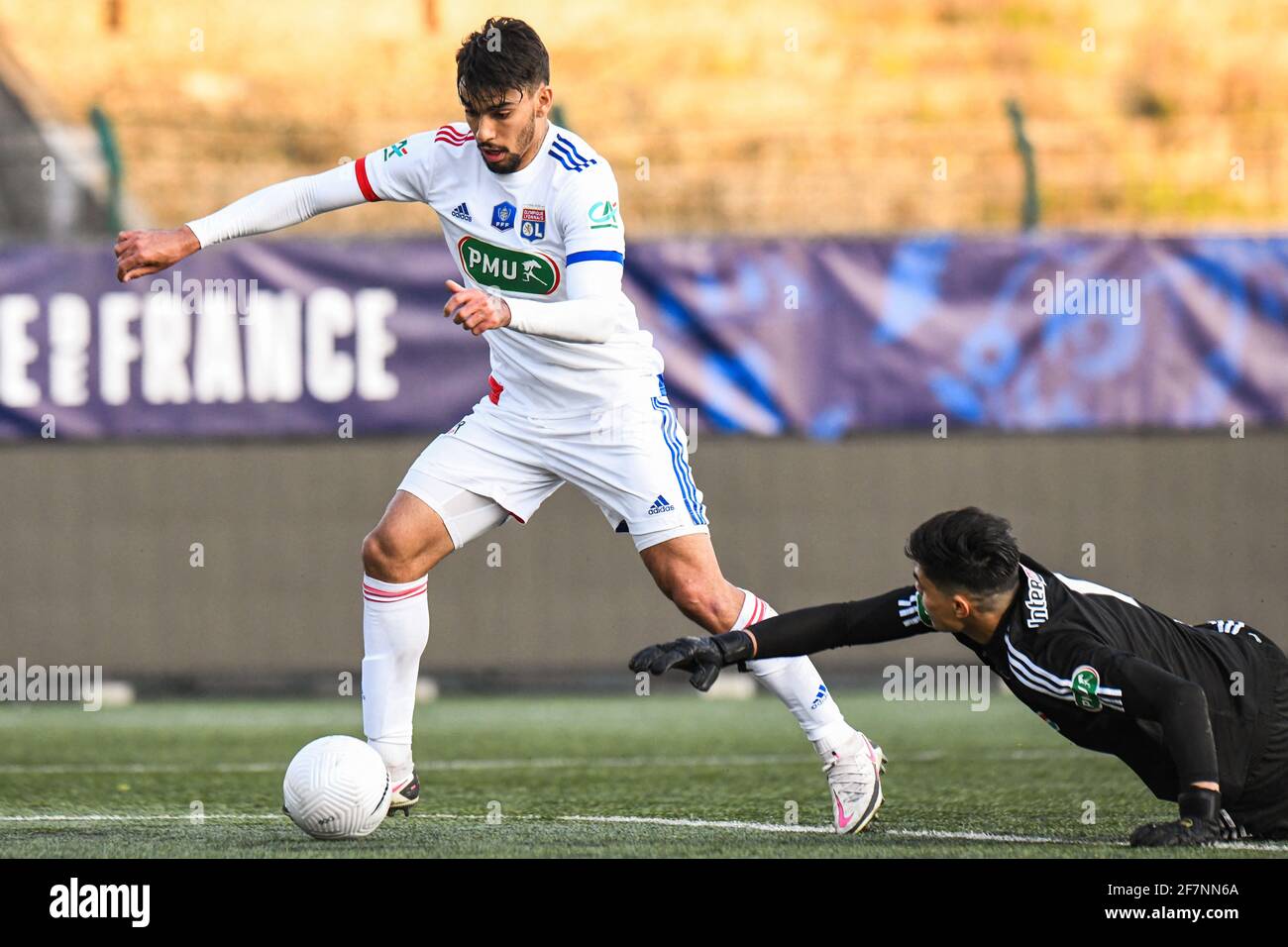 Lyon Lucas Tolentino Coelho De fights for the ball with Red Star French  goalkeeper Raphael Adiceam during the French Coupe de France football match  between Red Star and Olympique Lyonnais (OL) on