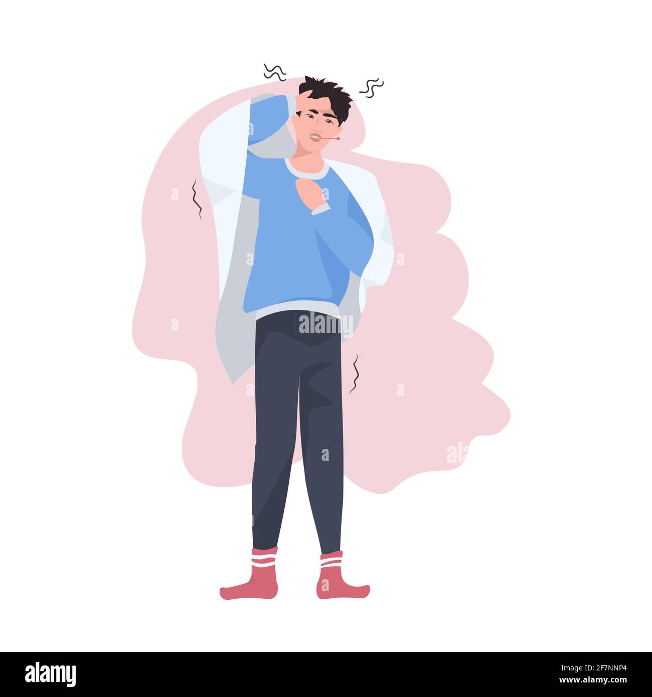 man catching cold having headache guy measuring temperature with ...