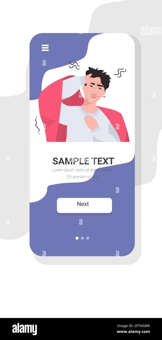 man catching cold having headache guy measuring temperature with