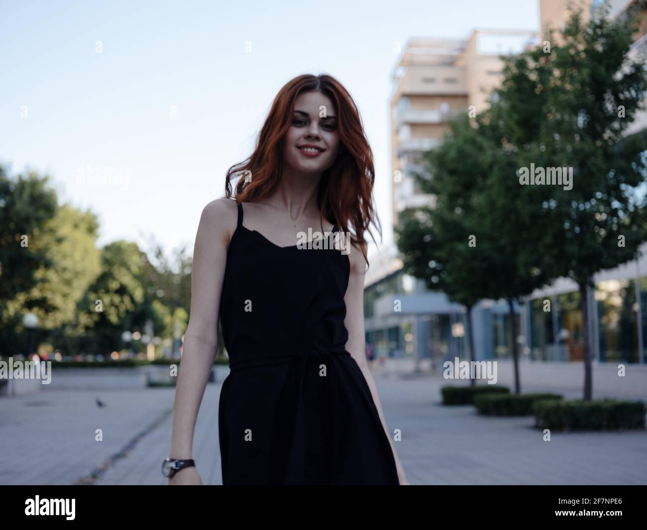 Beautiful woman in black dress walks back hi-res stock photography and ...