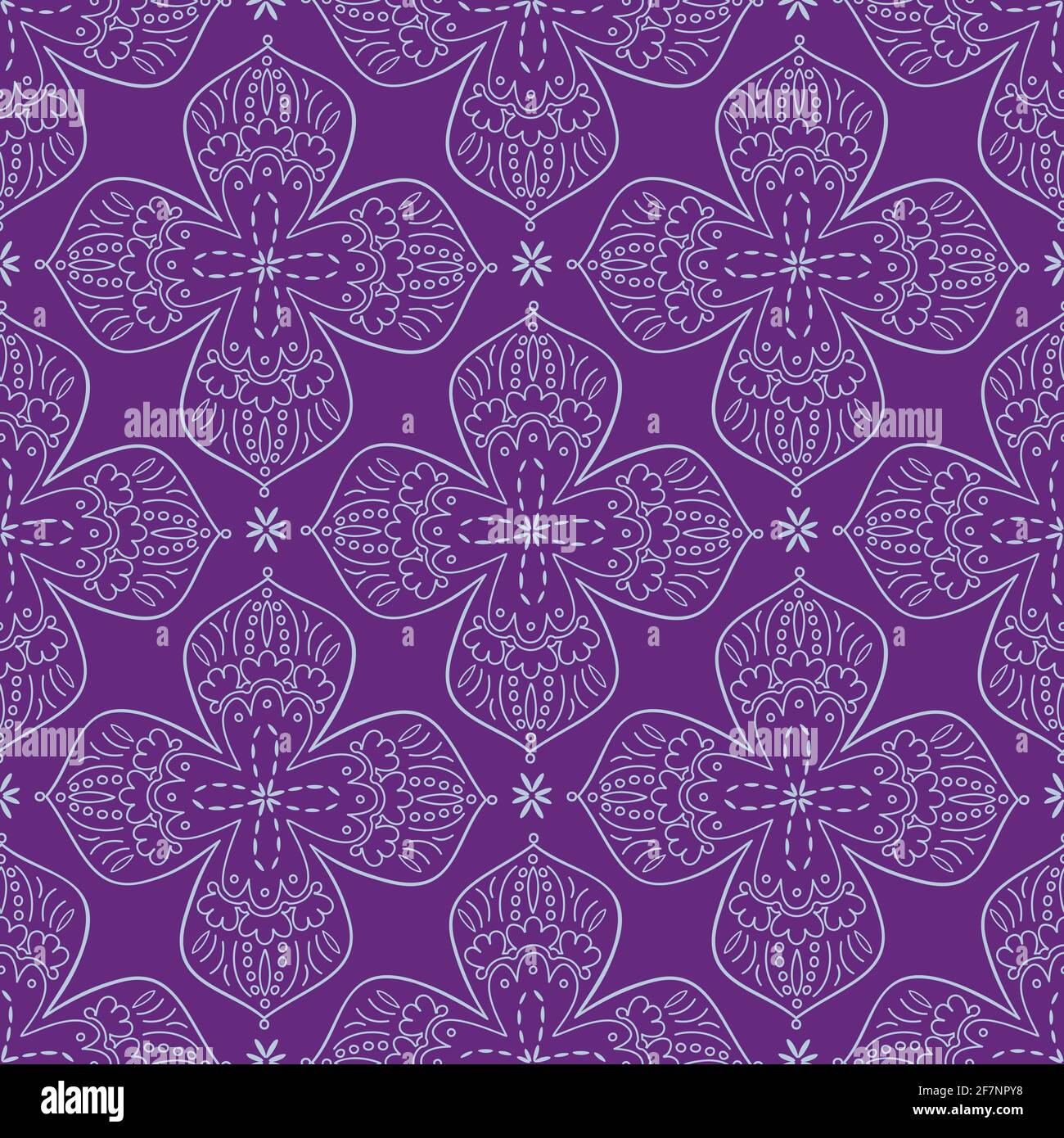 Stylized lacy contoured floral four pointed shape nature inspired motif with geometric execution in neutral greyish blue tone on purple. Web/print use Stock Vector