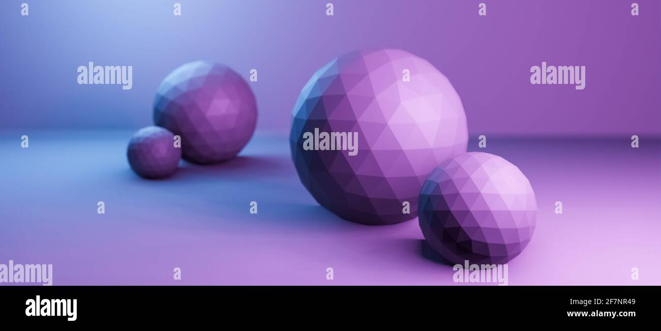 Abstract low poly round spheres, globes or purple balls in realistic