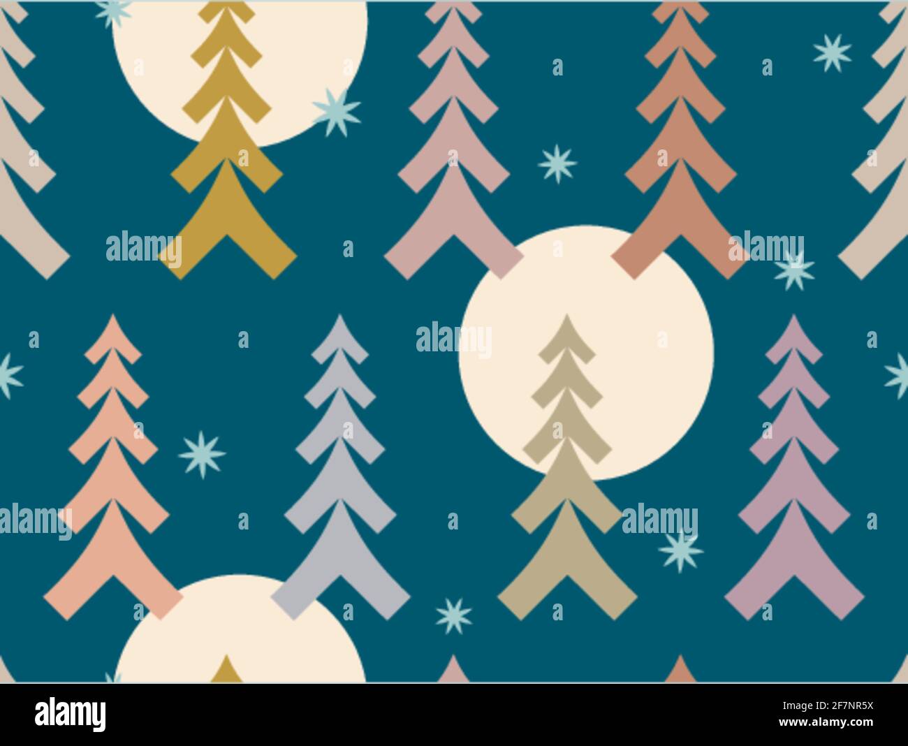 Woodland geometric trees with moons and stars designed from different sizes of V-shapes for printed papers, digital designs, interior decor objects. Stock Vector
