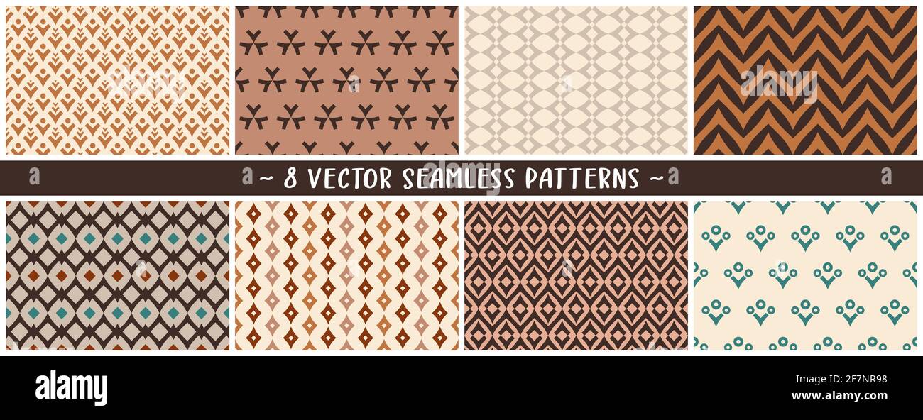 Set of vector geometric seamless patterns in earthy natural calming and ground hues for furnishing, apparel, architectural surfaces, graphic and web Stock Vector