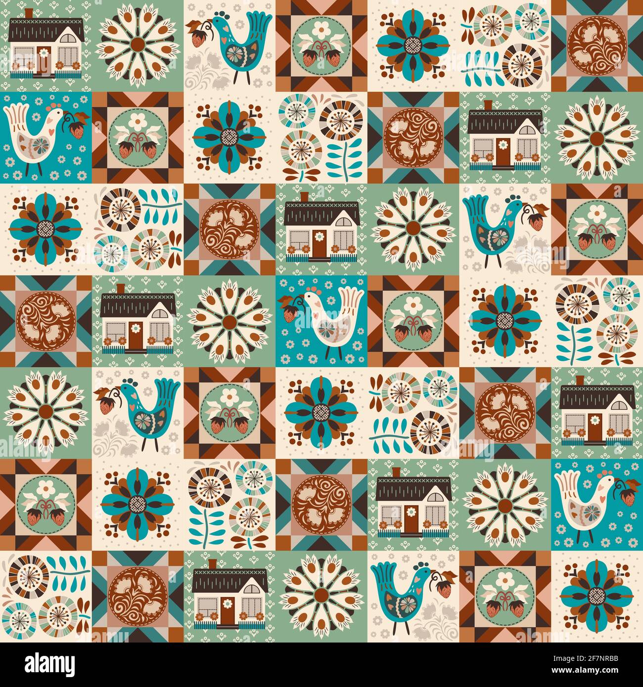 Modern patchwork with assorted folksy flowers, cute bird with wild strawberry, house and geometric quilting blocks in comforting calm and ground hues. Stock Vector