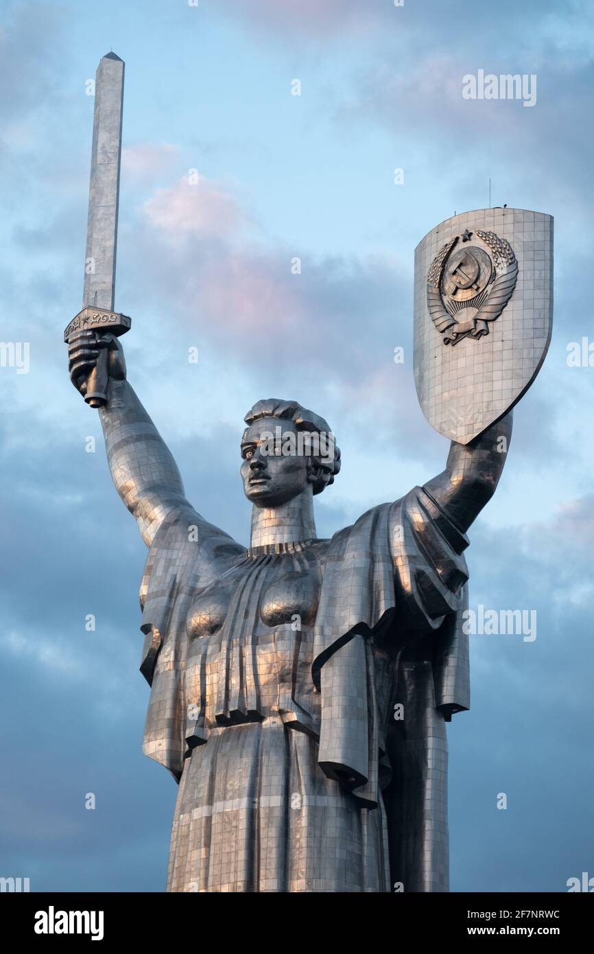 Dramatic close shot of the Motherland Statue in Kyiv at Dawn Stock Photo