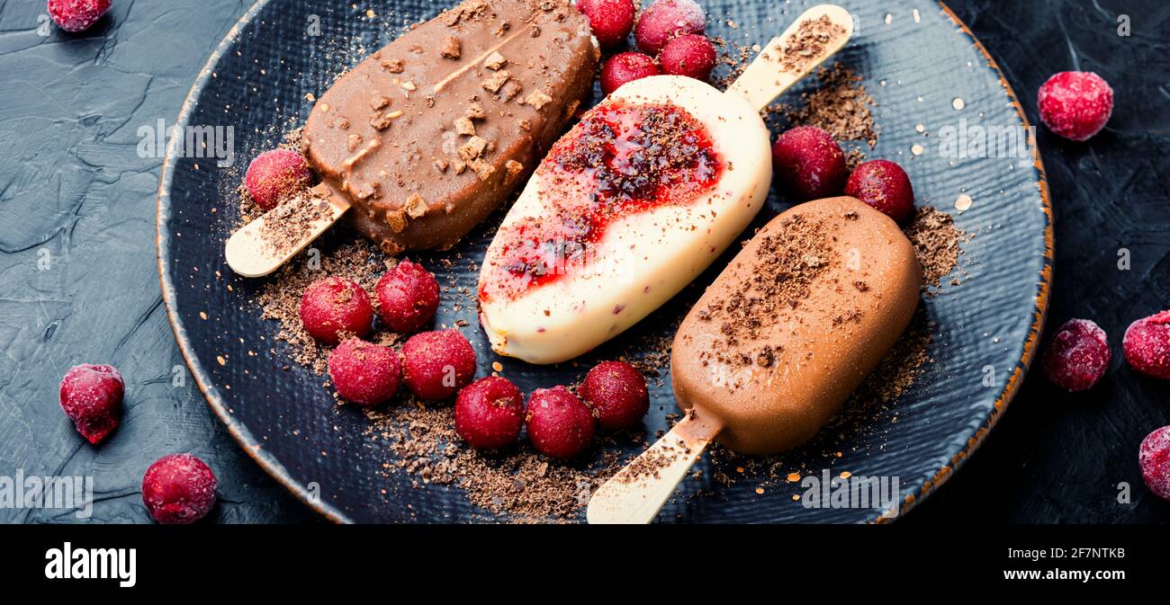 Popsicle ice cream with chocolate and cherry.Ice cream sticks Stock Photo