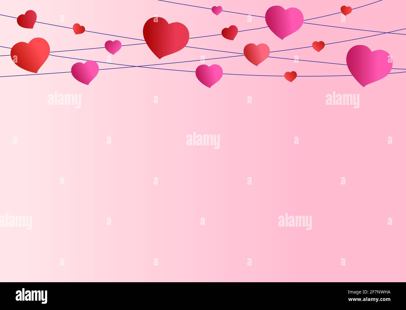 Pink Background Valentines day. Red and pink hearts hang on garlands on ...