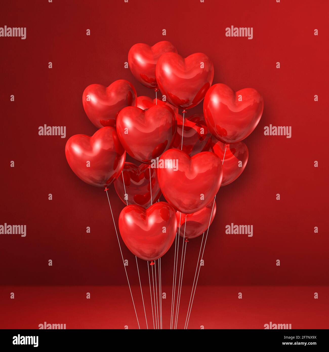 Heart shape balloons bunch on a red wall background. 3D illustration ...