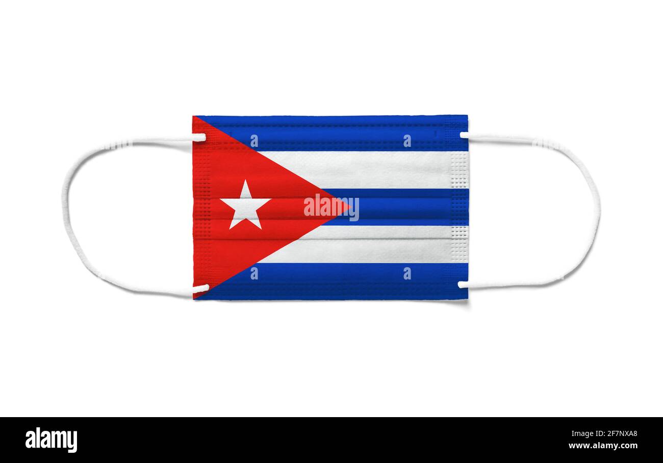 Flag of Cuba on a disposable surgical mask. White background isolated Stock Photo