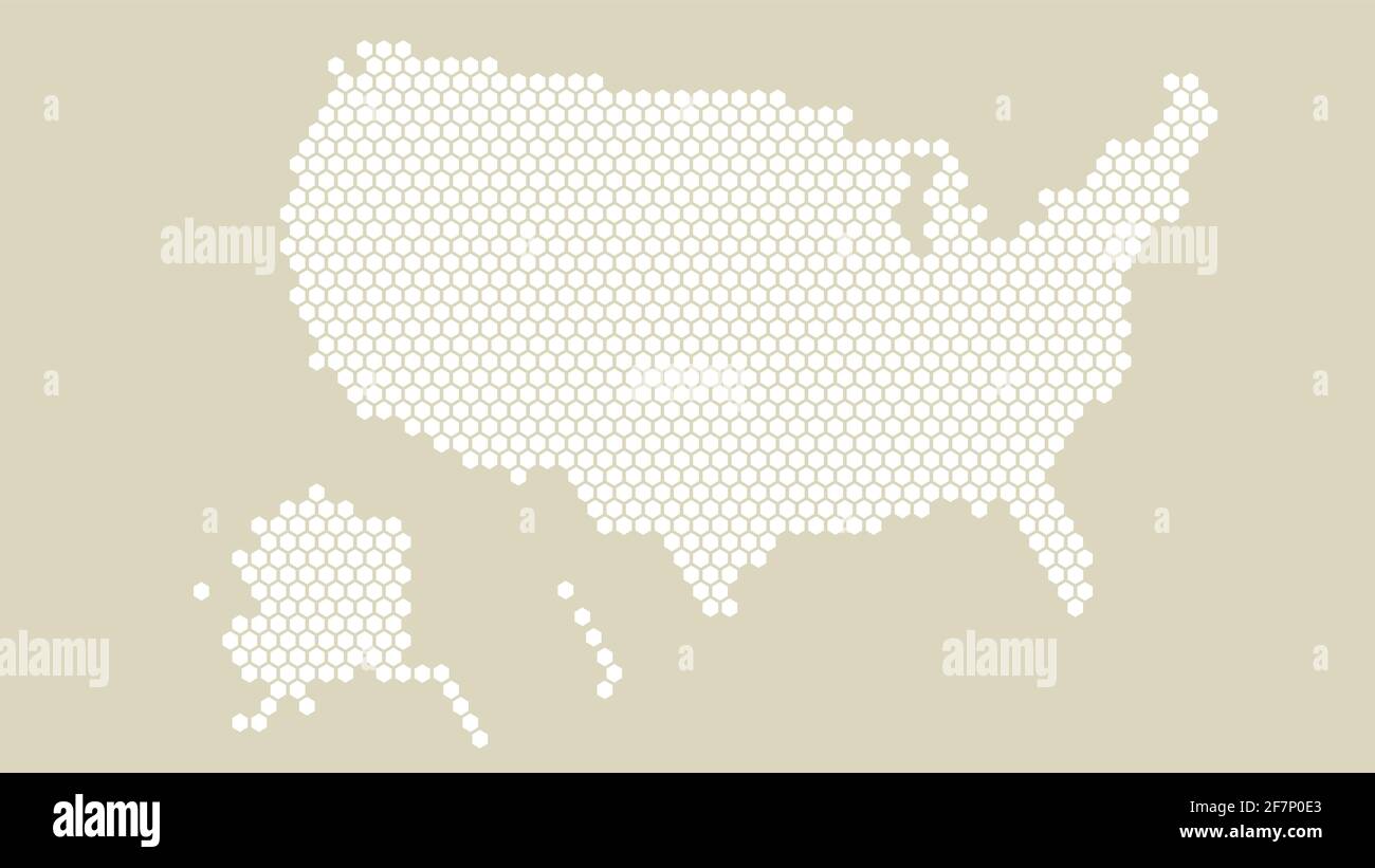 White and yellow hexagonal pixel map of USA. Vector illustration United States hexagon map dotted mosaic. America administrative border, land composit Stock Vector