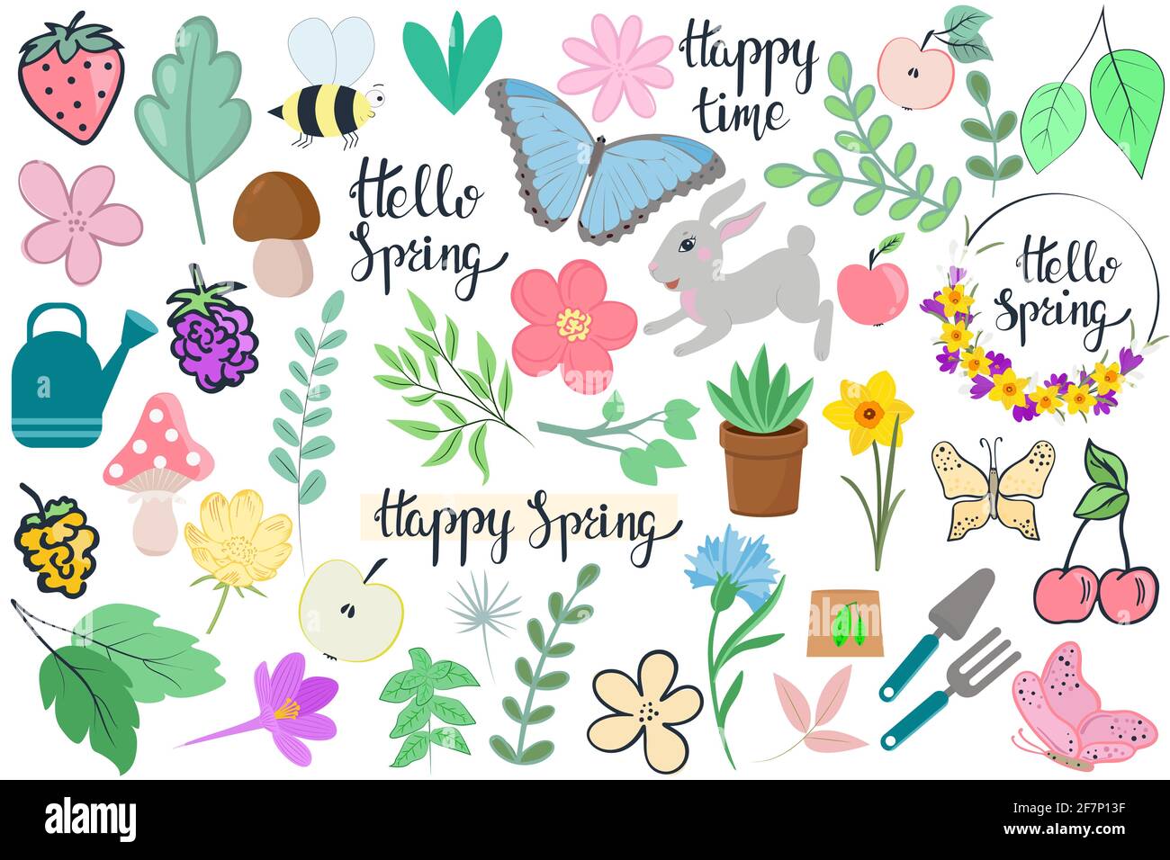 Spring or summer set of hand drawn elements. Flowers and leaves, fruits and berries. Objects of nature and the environment. Vector collection of Stock Vector