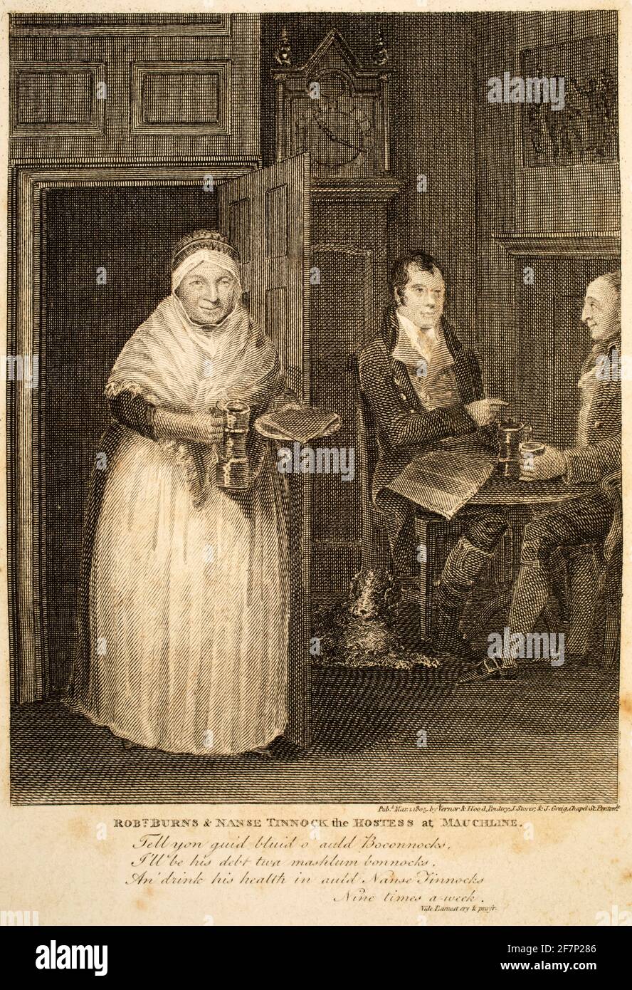 1805 original engraving of Robt Burns and Nanse Tinnock, hostess at Mauchline, from 1811 Views in North Britain, illustrative of the works of Robert B Stock Photo