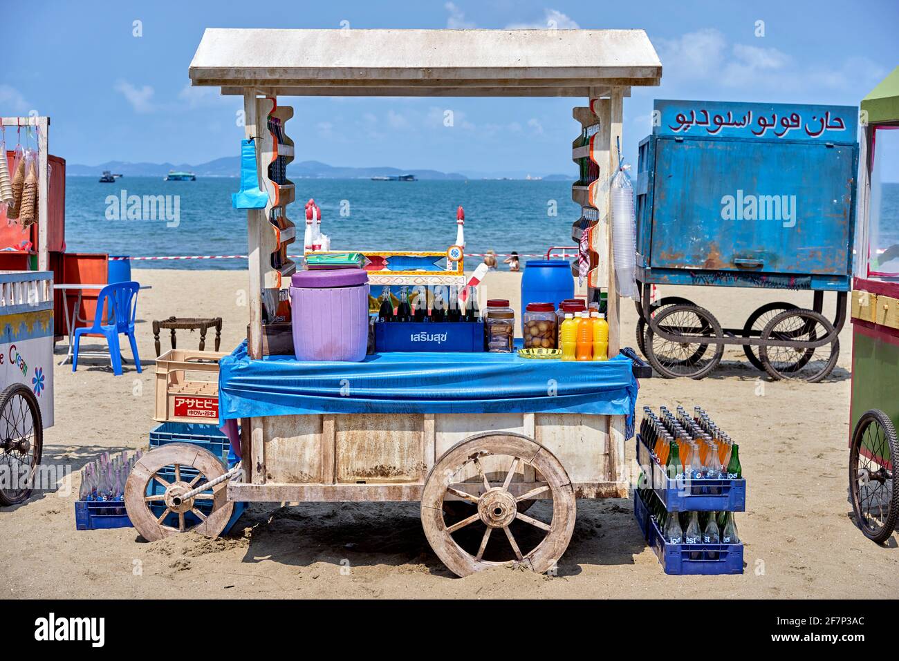 Vintage food carts lining up on the beach as a novelty attraction. Pattaya, Thailand, Southeast Asia. Stock Photo