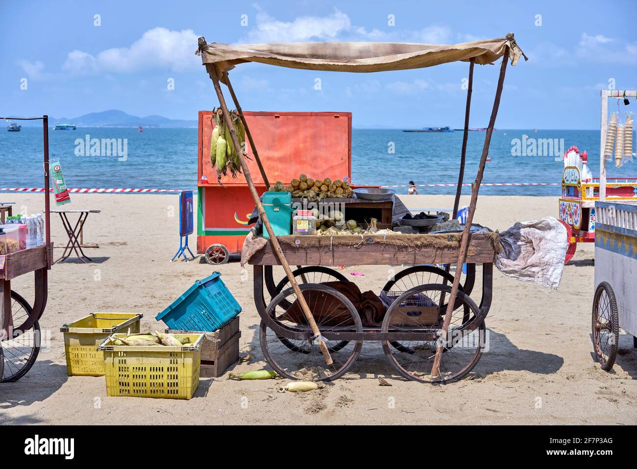 Vintage food carts lining up on the beach as a novelty attraction. Pattaya, Thailand, Southeast Asia. Stock Photo