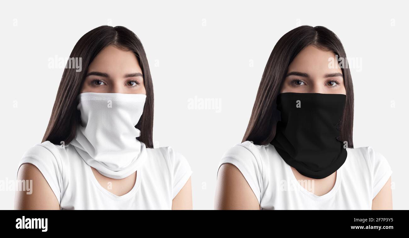 Mockup of a white, black buff on a pretty girl with dark hair, for  presentation of design, advertising in an online store. Clothes template,  face prot Stock Photo - Alamy