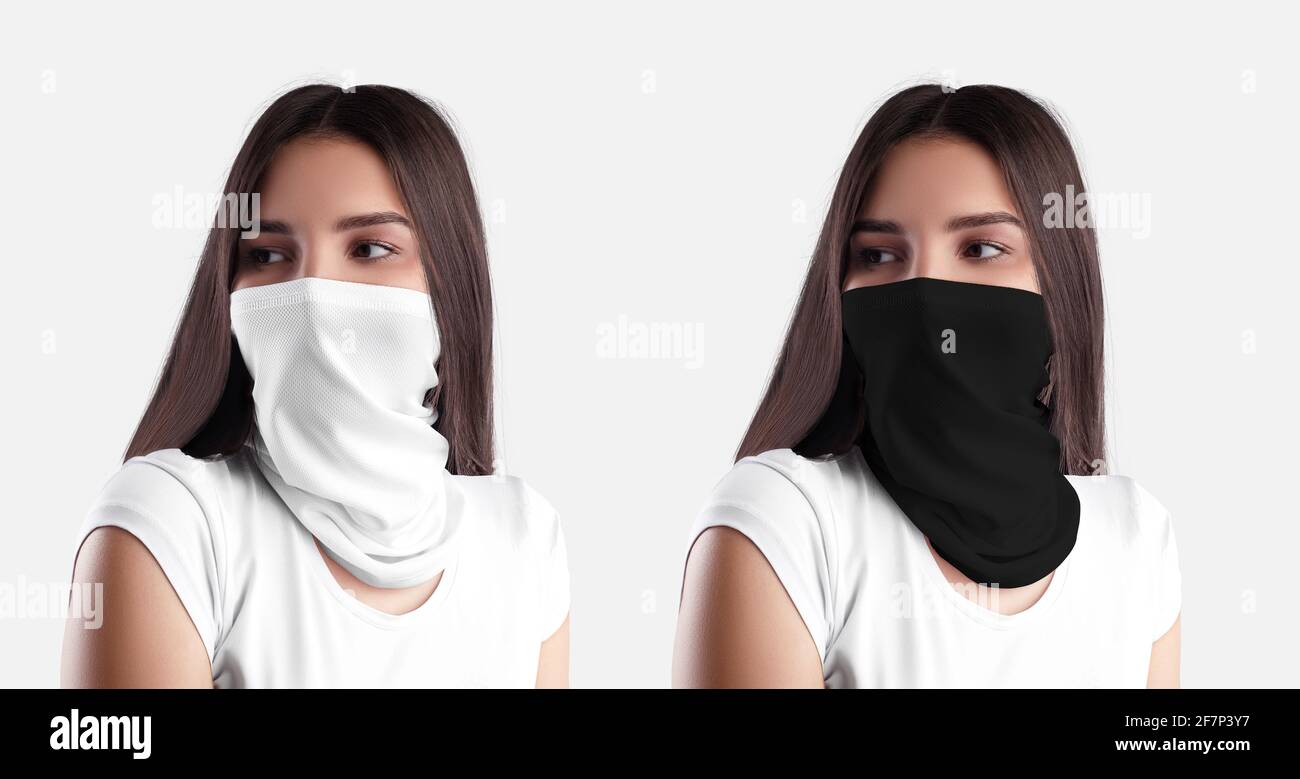 Mockup of a white, black buff on a girl in a t-shirt, isolated on  background. Stylish bandage template for face, half mask for lifestyle, for  design p Stock Photo - Alamy
