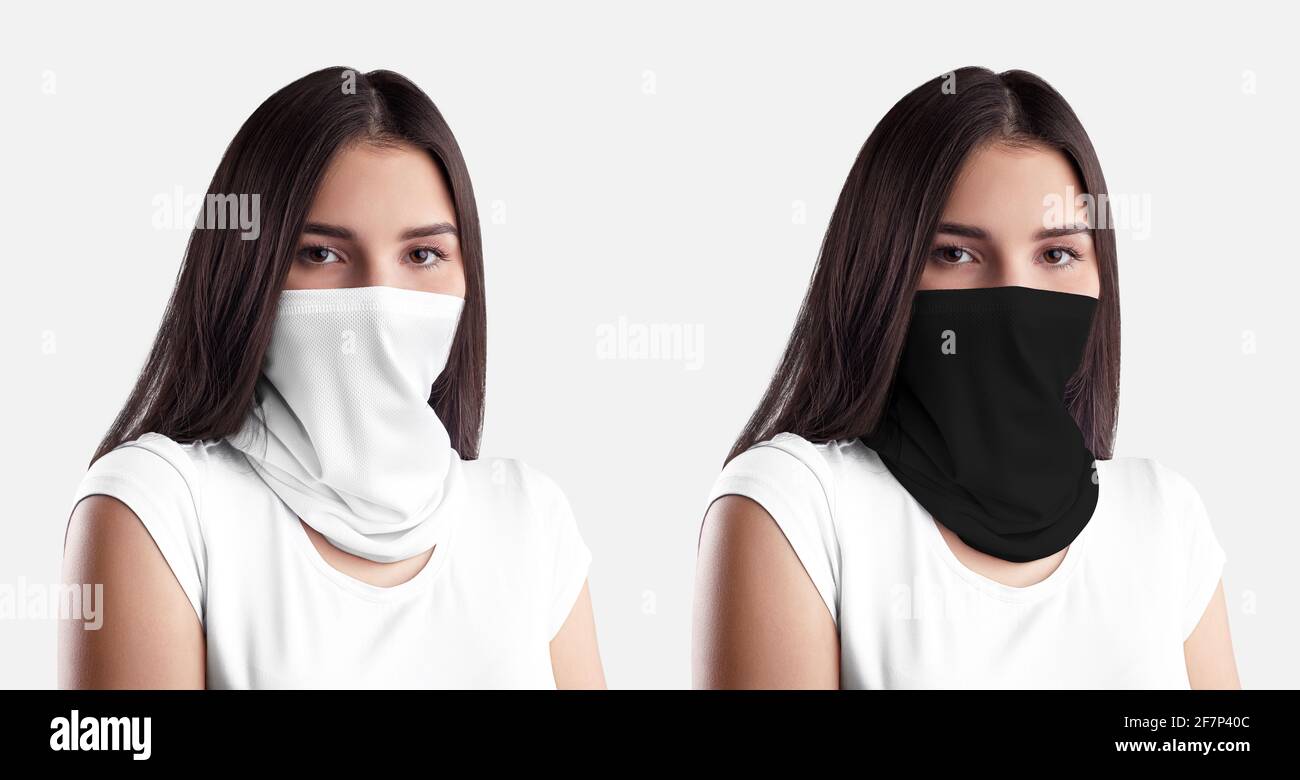 Template of a white, black textured half mask on a beautiful girl, isolated  on background. Sports buff set for design presentation. Model of a bandage  Stock Photo - Alamy