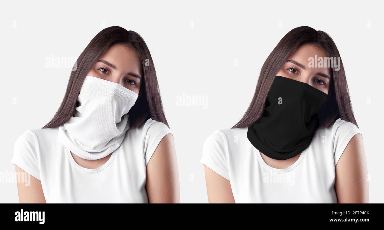 White, black buff template on a beautiful dark-haired girl, empty texture  half mask for design presentation, print. Mockup clothes for face, sports  ba Stock Photo - Alamy