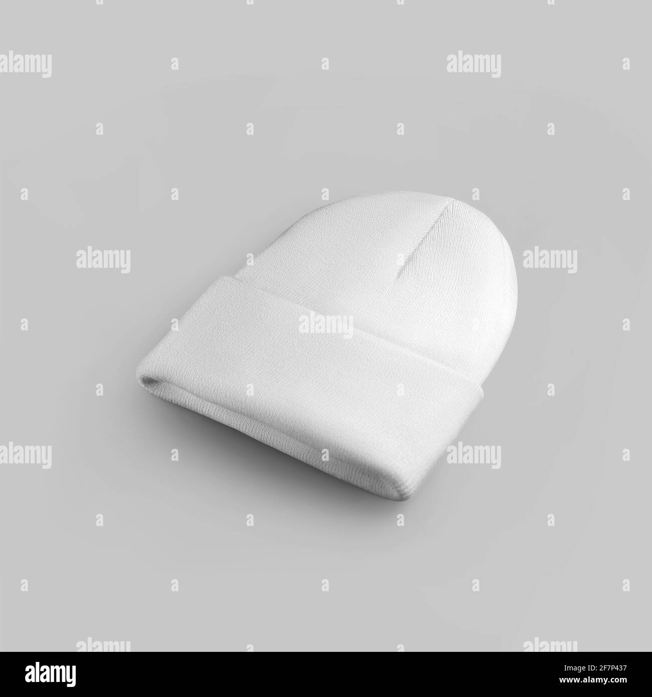 Mockup of white winter beanie hat with collar isolated on background. Stylish headdress template for presentation of design, print, pattern, advertisi Stock Photo