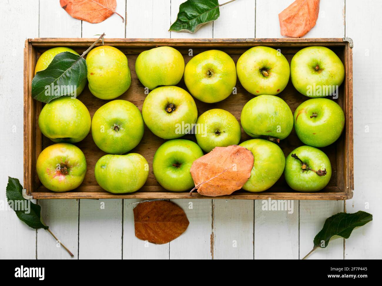 Ripe homemade green apples in a wooden box Stock Photo - Alamy