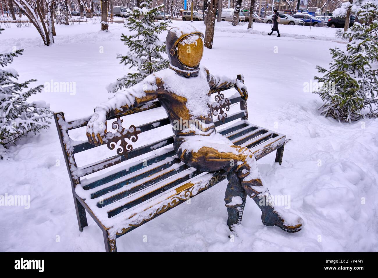 Almaty, Kazakhstan - February 25, 2021: monument in memory of Yuri Gagarin, the first man who had been in space in 1961, located on the street of the Stock Photo