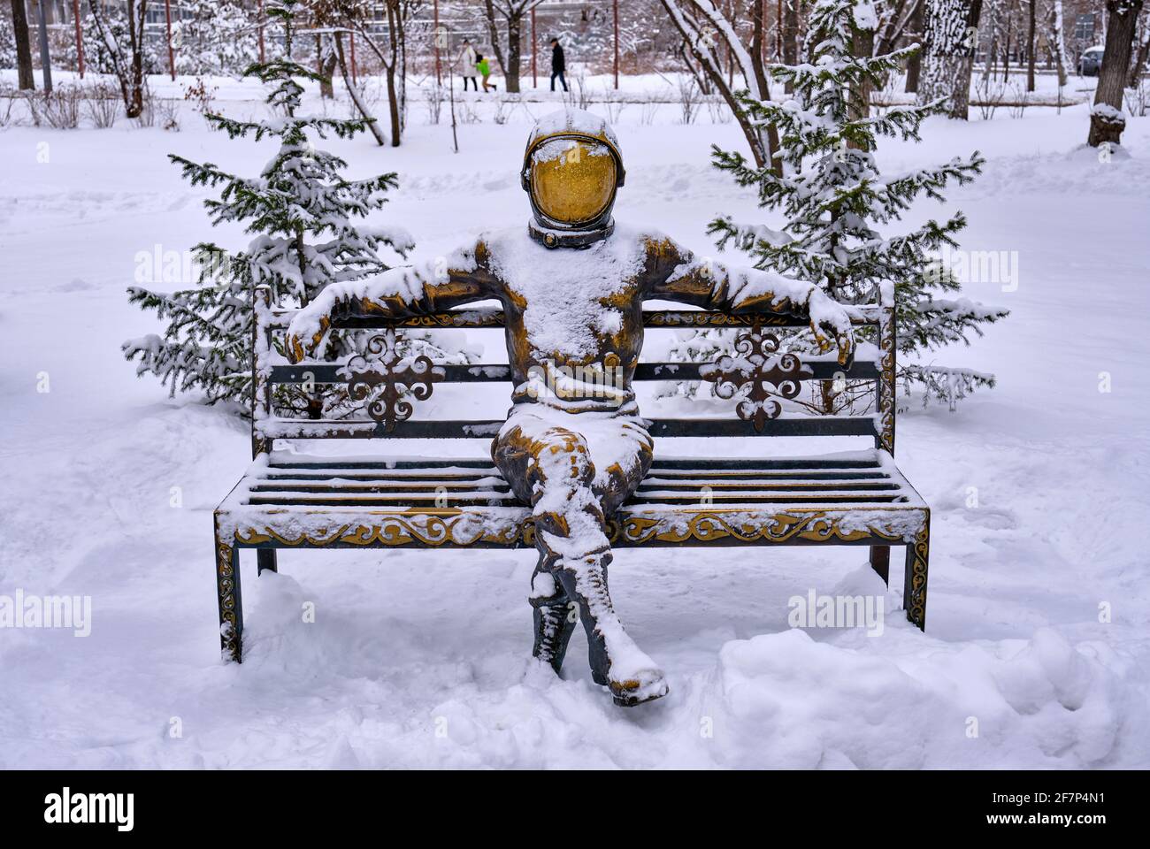 Almaty, Kazakhstan - February 25, 2021: monument in memory of Yuri Gagarin, the first man who had been in space in 1961, located on the street of the Stock Photo