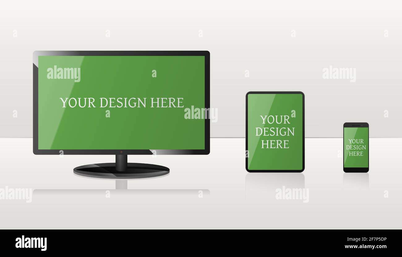 Mockup of computer, laptop, and smartphone with green screens. Stock Vector
