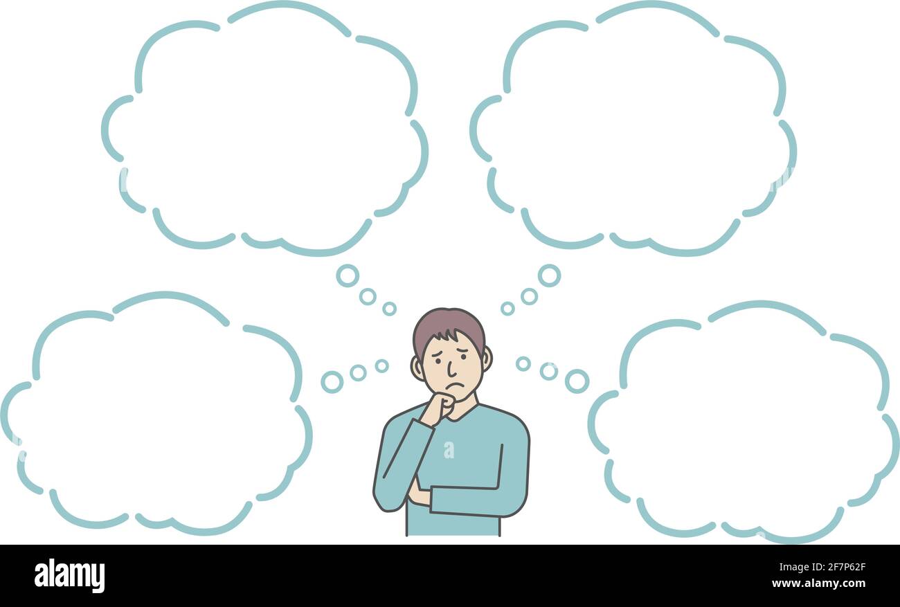 Vector Illustration of young man in trouble or confused with speech bubbles. Stock Vector