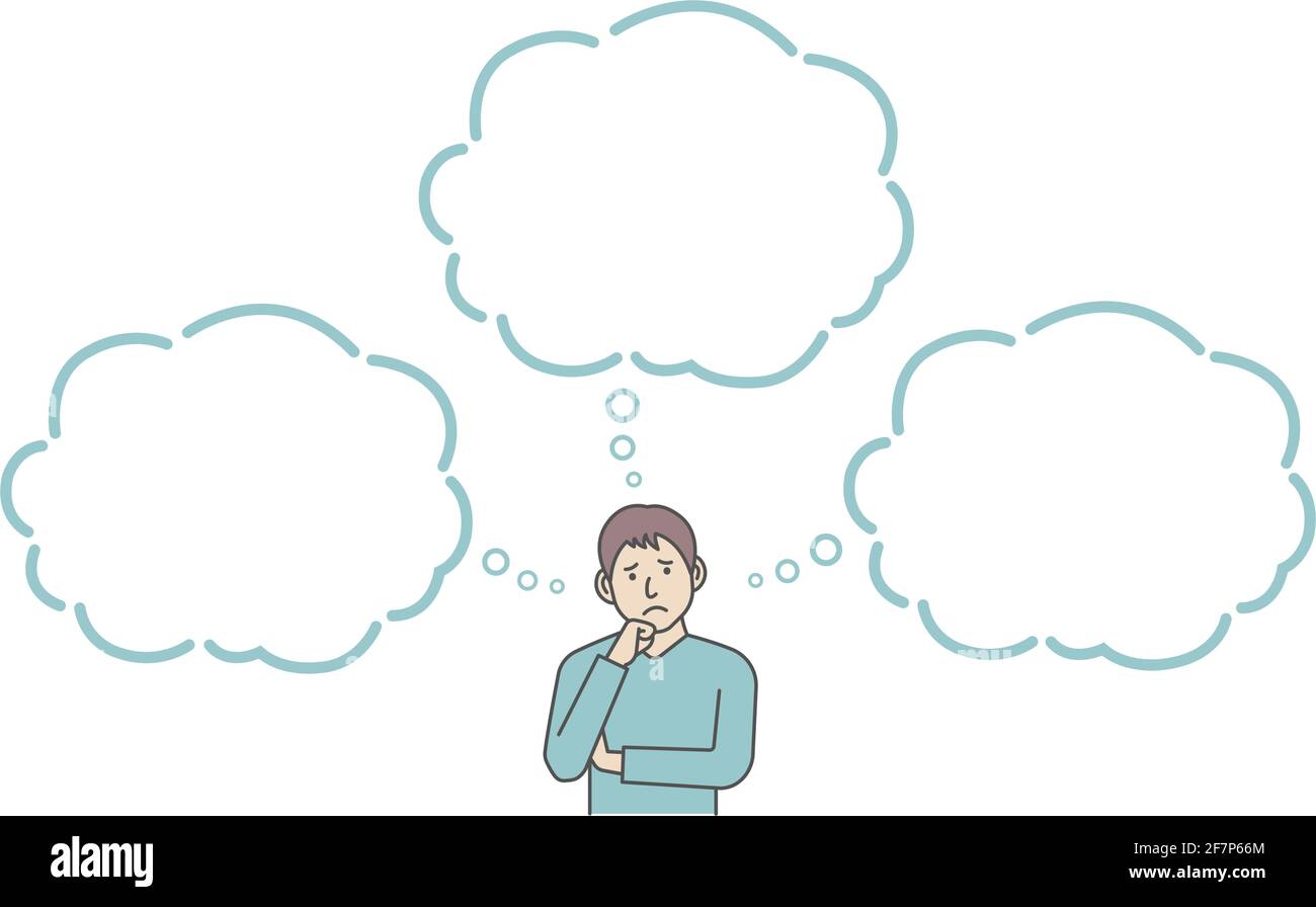 Vector Illustration of young man in trouble or confused with speech bubbles. Stock Vector