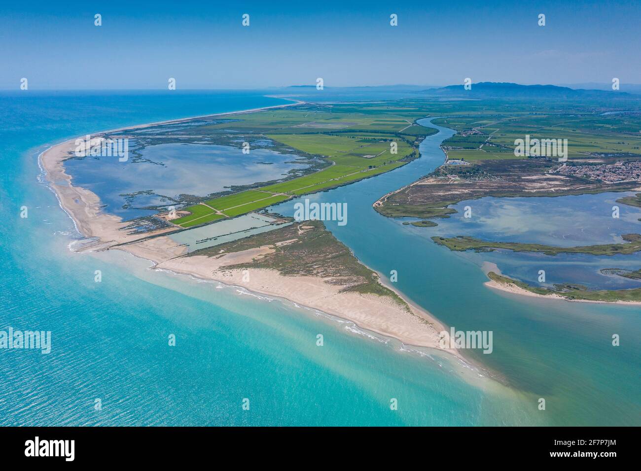 Aerial view of the Ebro river mouth into the Mediterranean Sea in the