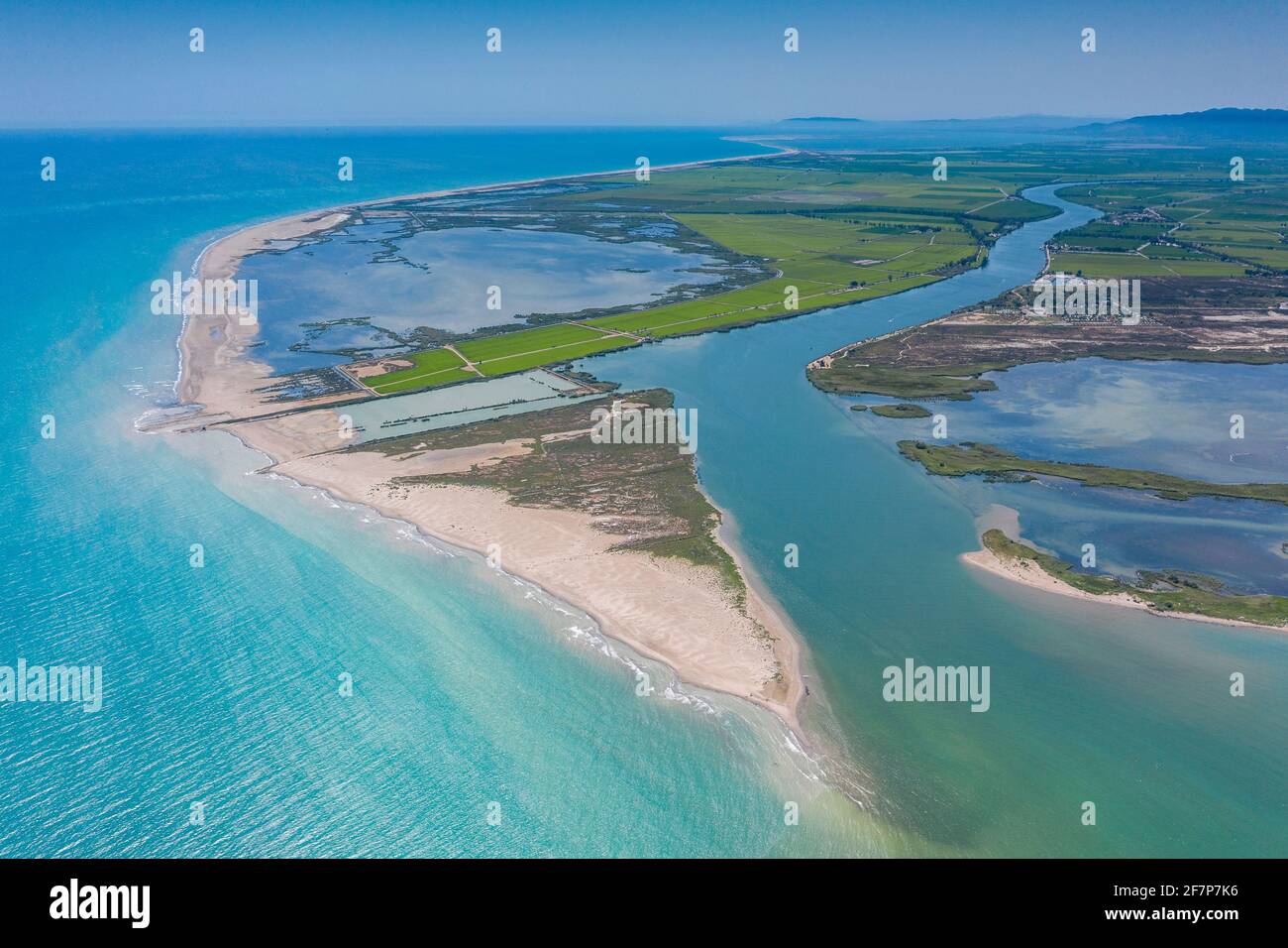 Aerial view of the Ebro river mouth into the Mediterranean Sea in the