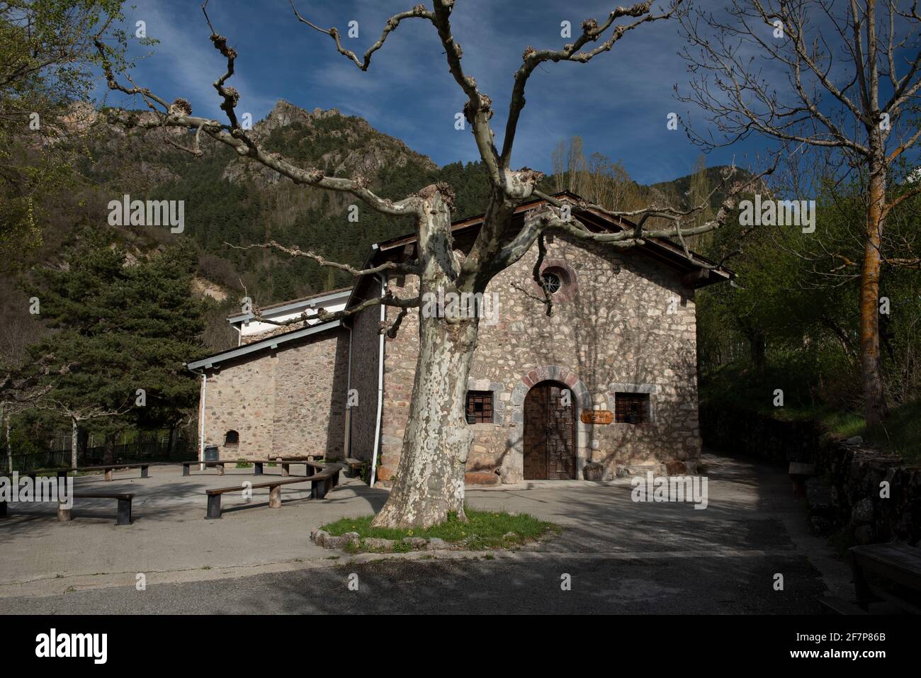 Bastanist Sanctuary in spring (Cerdanya, Catalonia, Spain, Pyrenees) ESP: Santuario de Bastanist en primavera(Cerdaña, Cataluña, España, Pirineos) Stock Photo