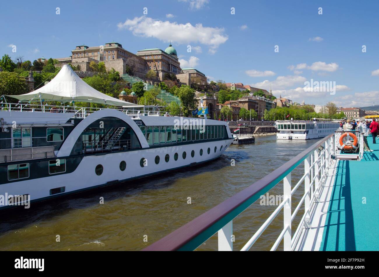 cruise ships in front of the Buda Castle, Hungary, Budapest Stock Photo
