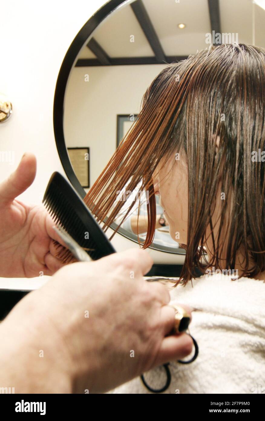 woman at hairdresser, cutting hair Stock Photo