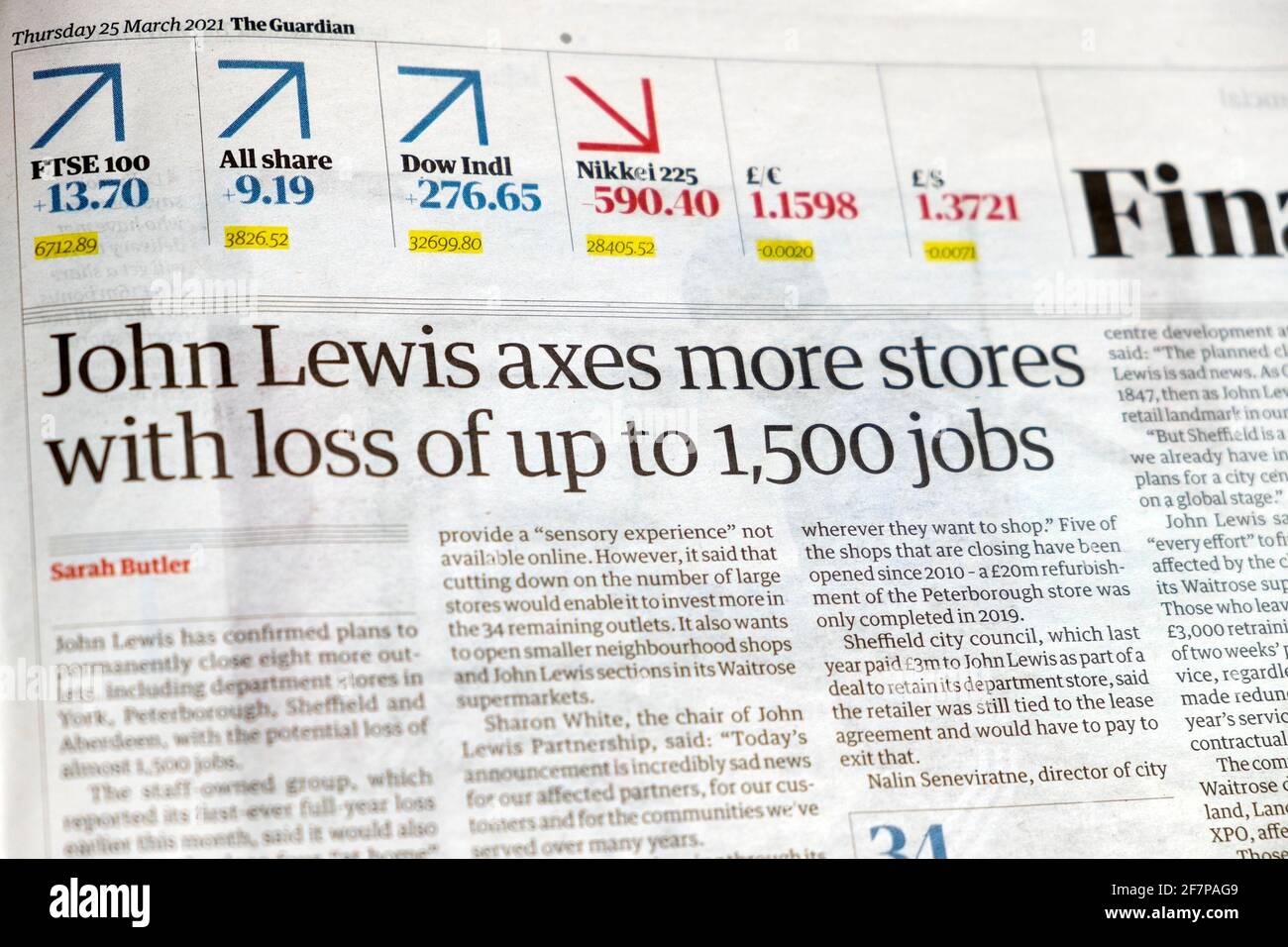 John Lewis axes more stores with loss of up to 1,500 jobs" newspaper  headline inside page store article in Guardian 25 March 2021 London England  UK Stock Photo - Alamy