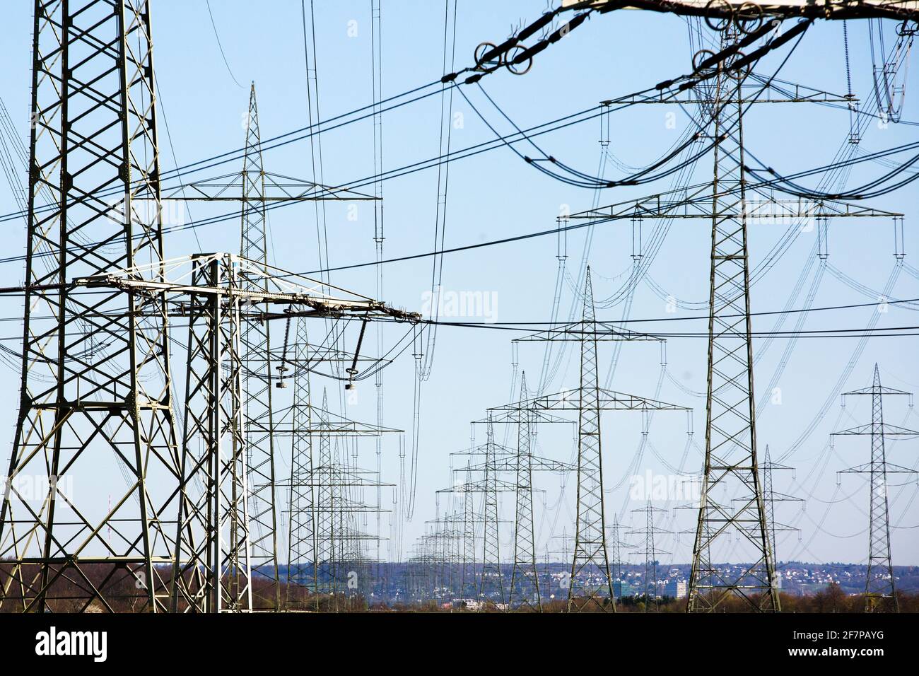 Power Line With Many High Voltage Pylons. Electricity Highway, Electricity Transport Stock Photo