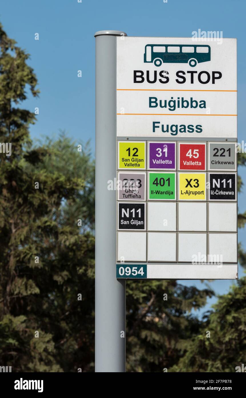 Malta, Bugibba: Malta Public Transport bus stop sign. Stock Photo