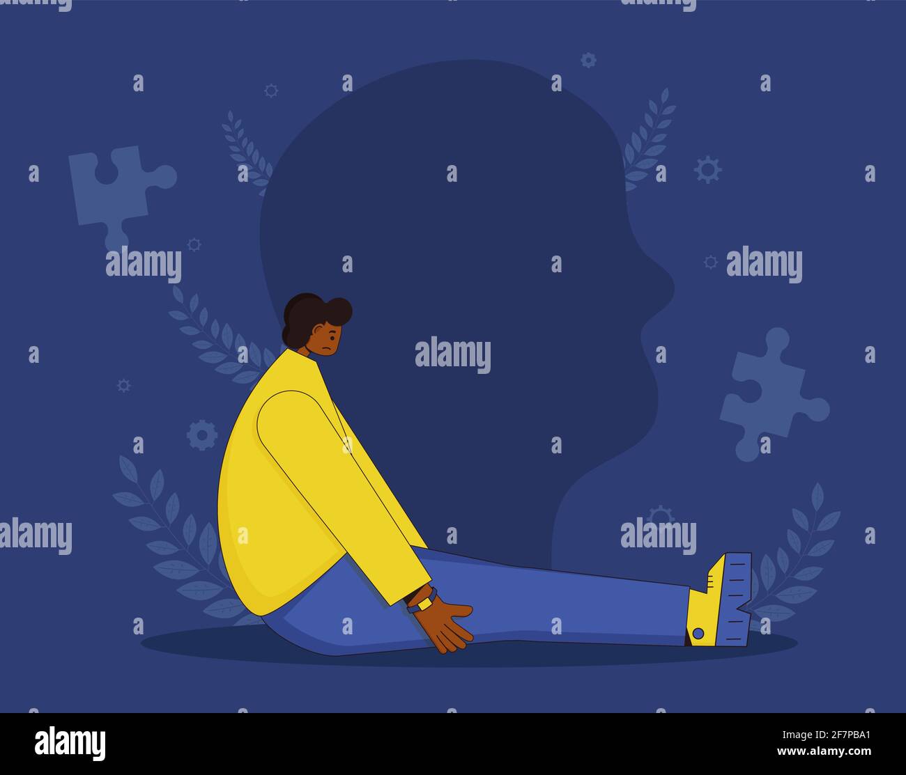 Chracter with autism sitting on the floor. Mental disorder. Autistic spectrum. Boy sitting on the floor with bad mood. Vector  illustration. Stock Vector