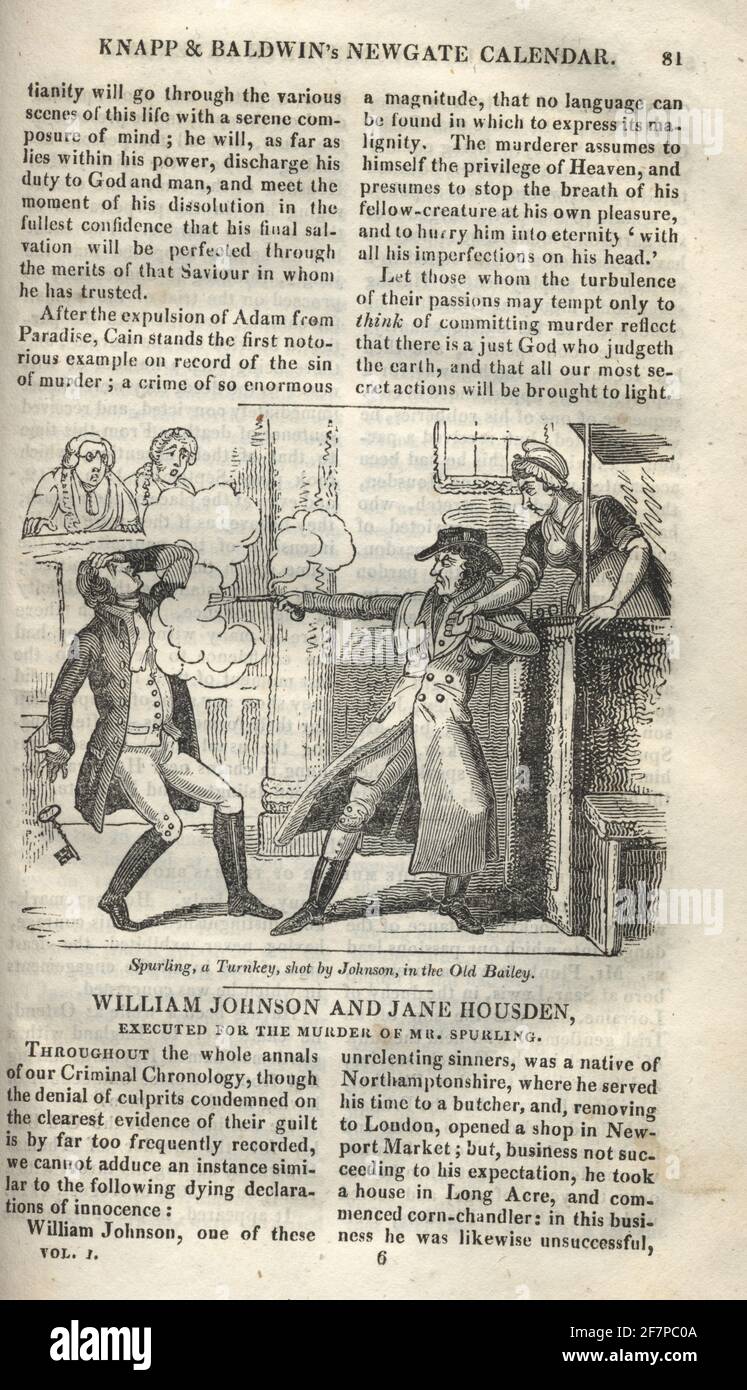 Page from the Newgate calendar. Spurling, a turnkey shiot by William Johnson in the Old Bailey, 1714 Stock Photo