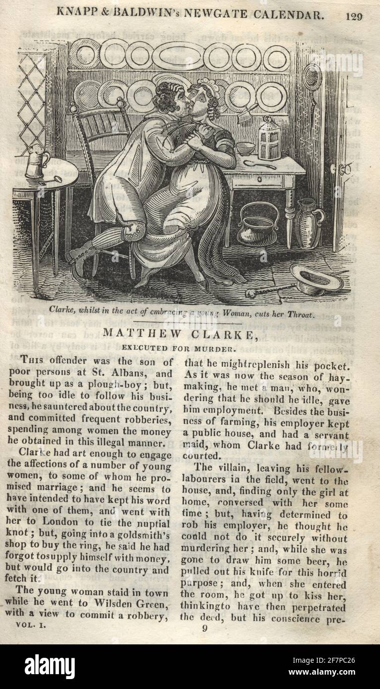 Page from the Newgate calendar. Matthew Clarke Executed for murder, 28th July, 1721. Clarke cutting the servant girl's throat while kissing her Stock Photo