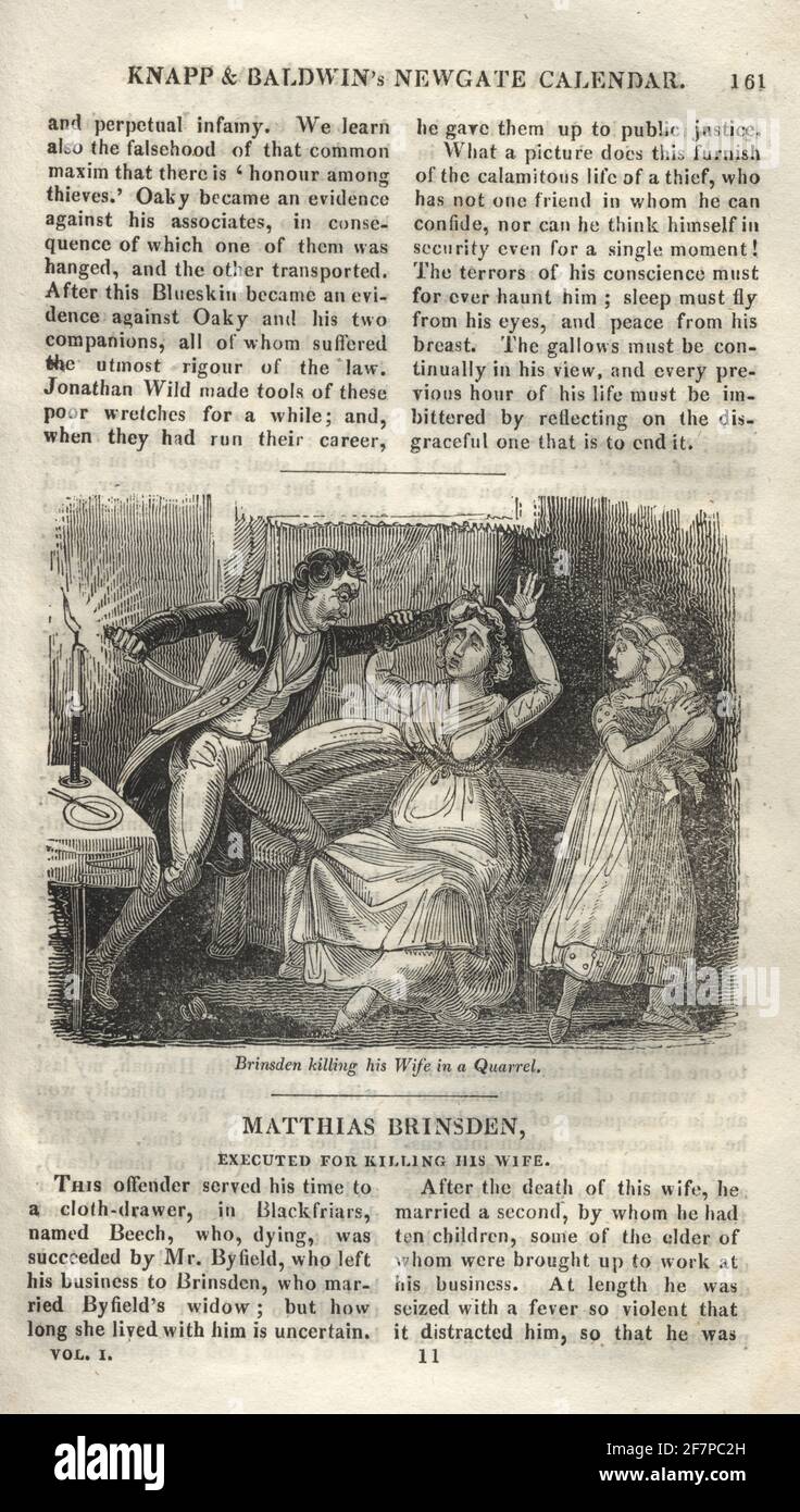 Page from the Newgate calendar. Matthias Brinsden, murdering his wife in a quarrel, Executed at Tyburn, on the 24th of September, 1722 for killing his wife. Stock Photo