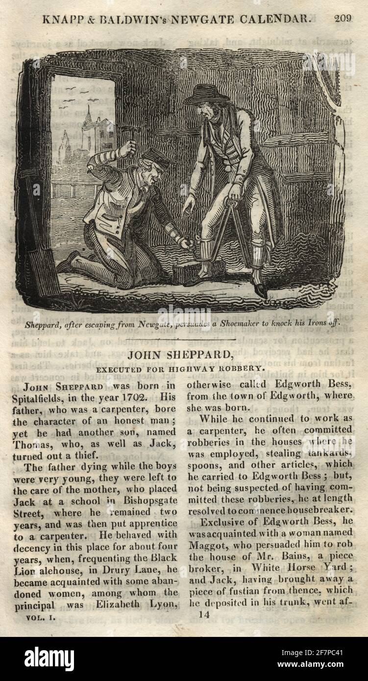 Page from the Newgate calendar. Jack Sheppard (John), after escaping from Newgate persuades a shoemaker to knock his irons off. Jack Sheppard (4 March 1702 – 16 November 1724), or 'Honest Jack', was a notorious English thief and prison escapee of early 18th-century London. Stock Photo