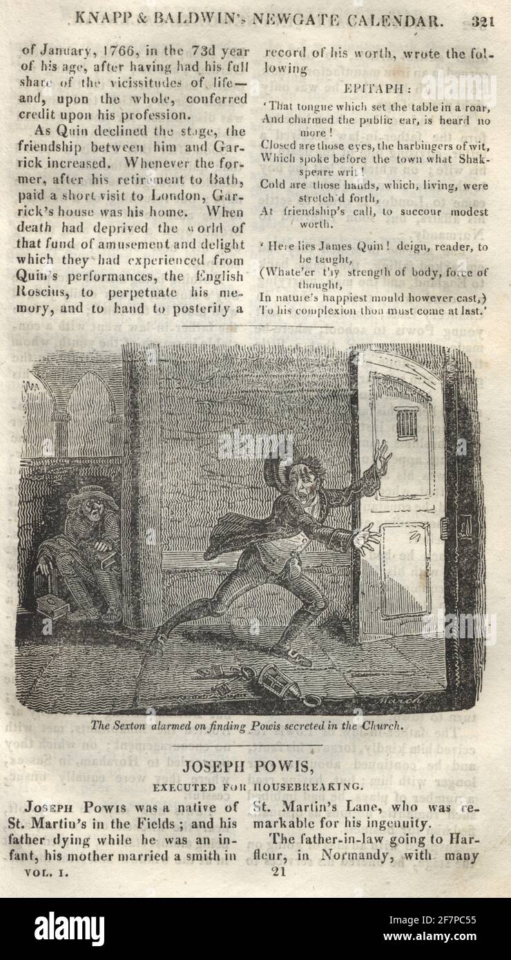 The sexton alarmed on finding Joseph Powis secreted in the church, scene from the Newgate calendar Stock Photo